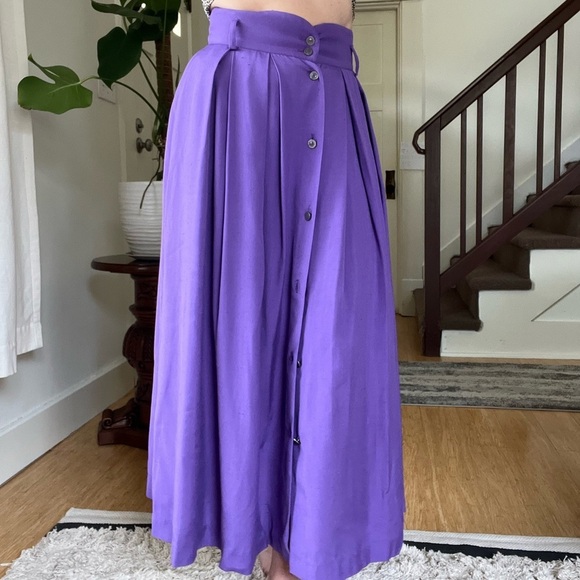 Vintage High Waisted Button Front Pleated A-Line Skirt Eggplant Purple - Picture 14 of 15